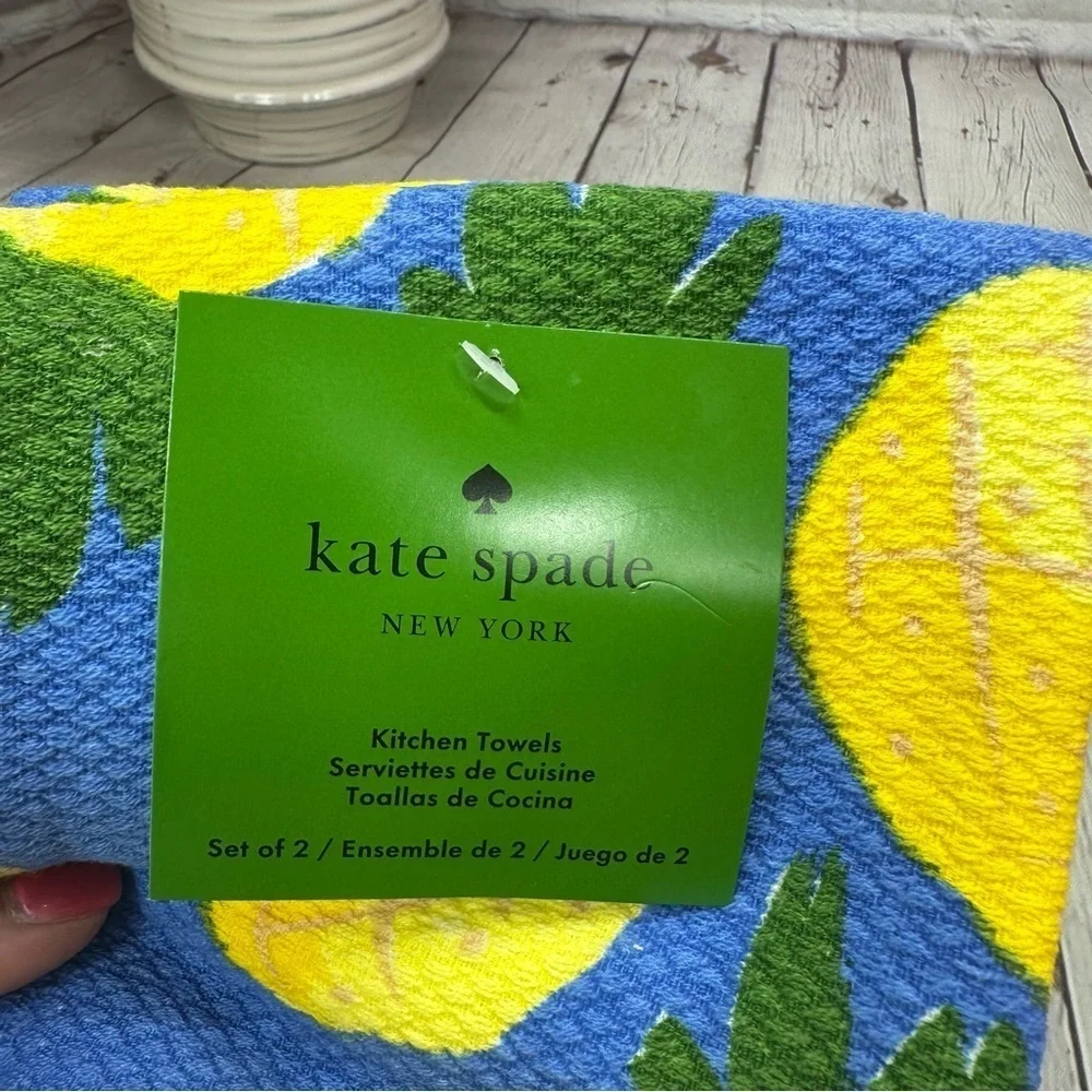 NWT Kate Spade new york Blue Yellow pineapple cotton Kitchen Towels 2pc tropical